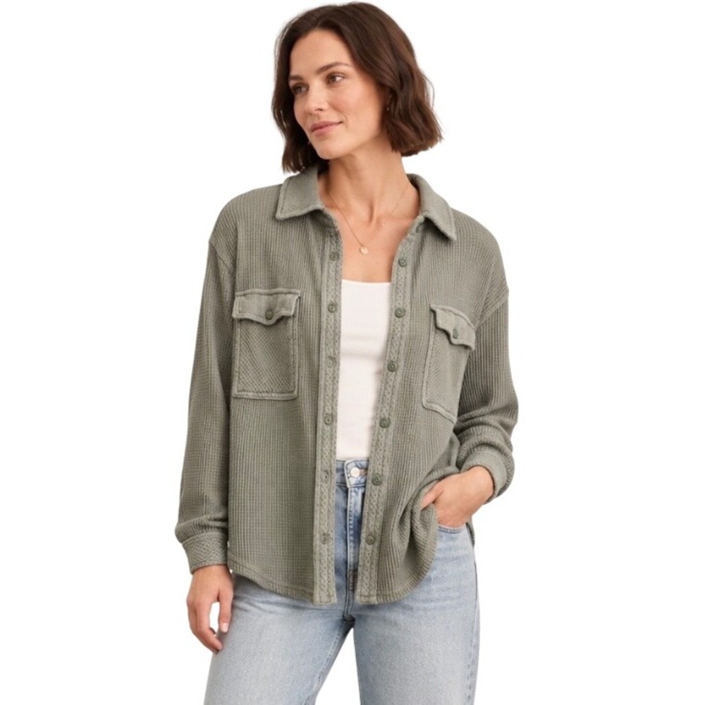 Aerie Sage Green Waffle Knit Oversized Shacket XS Thermal Utility Coastal